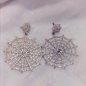 Elegant Silver Spider Web Sparkly Rhinestone Earrings Halloween